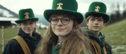 Three Young People Wearing Green Hats with a Clover Design photo