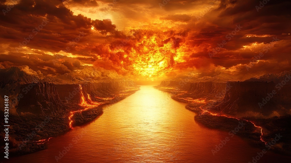 Fototapeta premium Fiery Sunset Over Volcanic Landscape