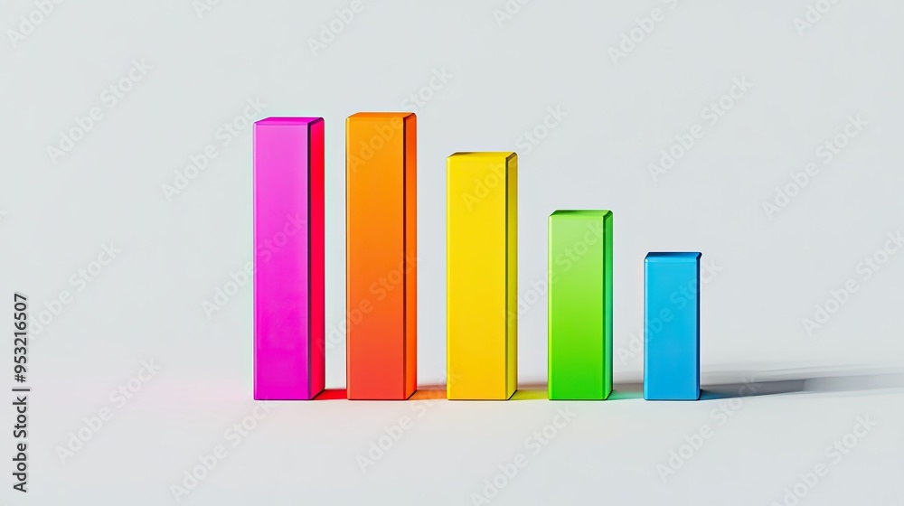 A colorful bar graph with shadows, isolated on a light gray background, showing business performance A colorful bar graph with shadows, isolated on a light gray background, showing business performance