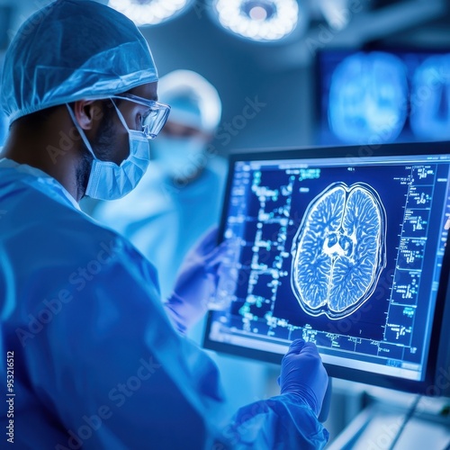 A medical professional examines a brain scan on a digital screen in a modern operating room with advanced technology.