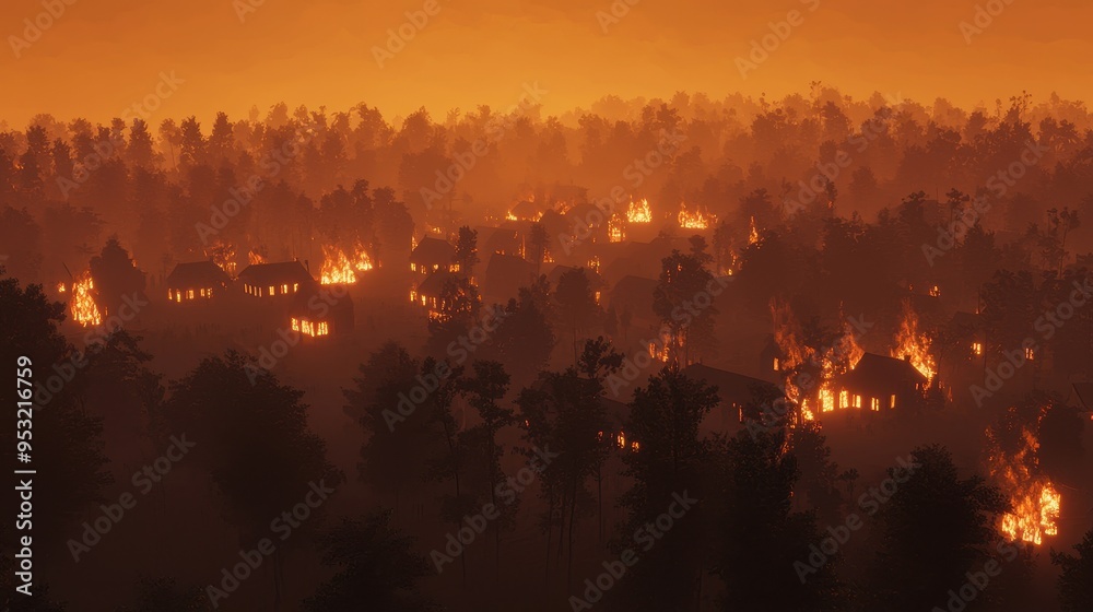 Obraz premium Burning Houses in a Forest Fire at Night