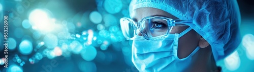 A focused medical professional wearing protective gear, showcasing determination and commitment in a clinical environment.