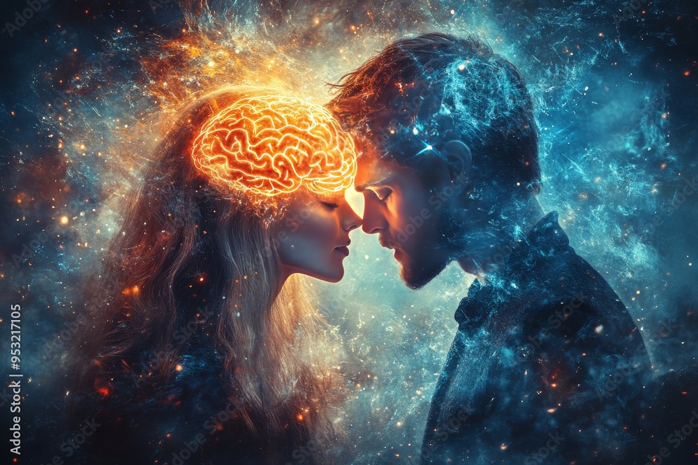 Memory enhancement Trust Fiery cool toned brains of a couple touching symbolizing the balance between passion and rationality the fusion of opposites and the dynamic energy of human relationships Memory enhancement Trust Fiery cool toned brains of a couple touching symbolizing the balance between passion and rationality the fusion of opposites and the dynamic energy of human relationships