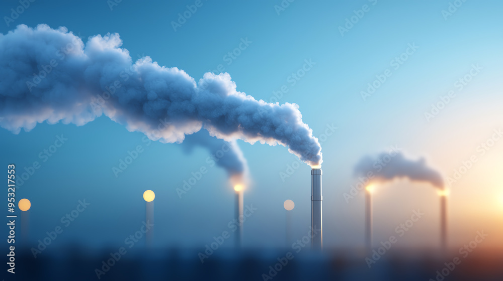 Obraz premium Beautiful landscape showcasing factory smokestacks emitting clouds, highlighting industrial pollution against the serene sunset.