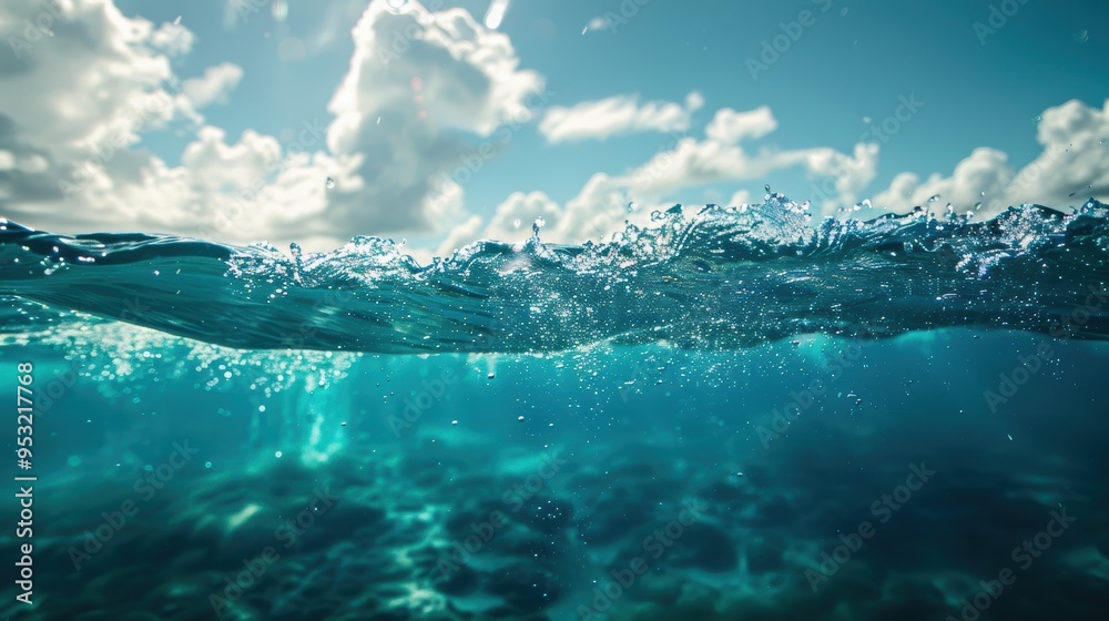 Fototapeta premium Underwater wave with sunlit clouds.