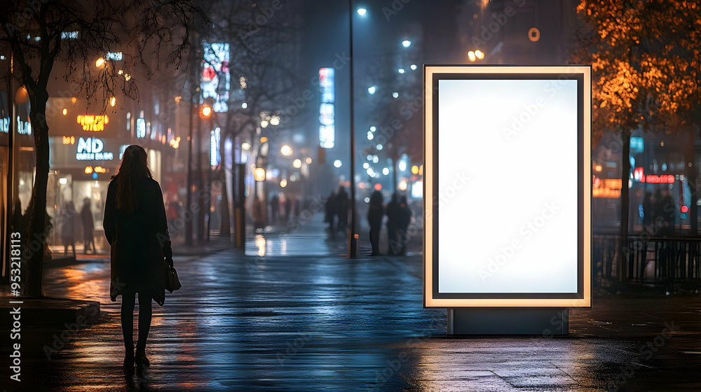 A lone woman walks past a blank billboard on a city street at night. A lone woman walks past a blank billboard on a city street at night.