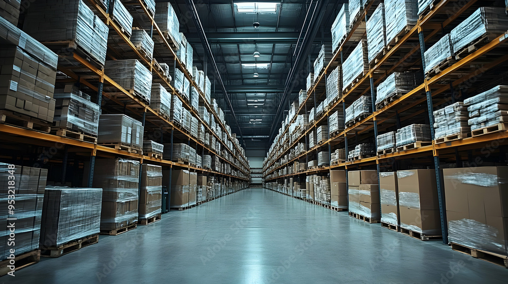 Fototapeta premium A long aisle in a warehouse with shelves stacked with cardboard boxes.