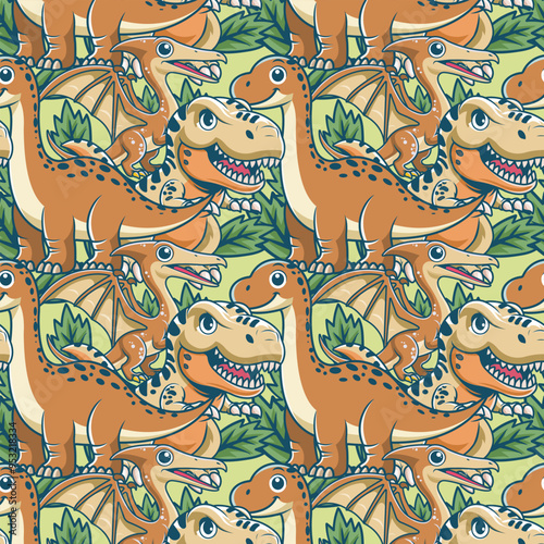 Cute Tyrannosaurus Rex, Brontosaurus, Pterodactyl Seamless Pattern in cartoon vector illustration design