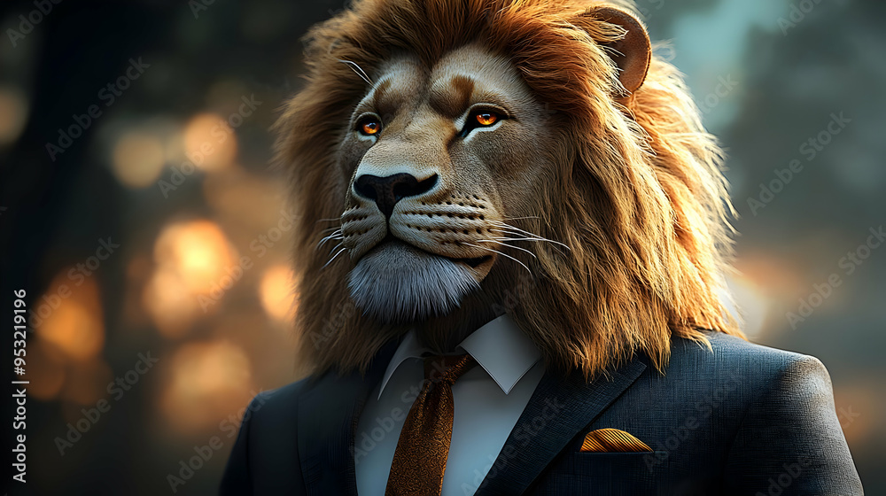 A majestic lion in a suit with a golden tie and a golden pocket square. A majestic lion in a suit with a golden tie and a golden pocket square.