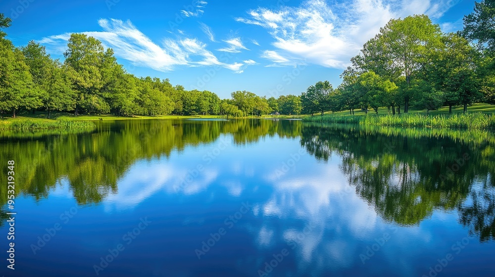 A tranquil scene of a blue lake reflecting the sky and surrounding trees A tranquil scene of a blue lake reflecting the sky and surrounding trees