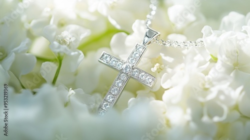 Silver Cross on White Flowers: A delicate silver cross, adorned with sparkling diamonds, rests on a bed of pristine white blossoms. The soft, ethereal light creates a serene and spiritual atmosphere, 