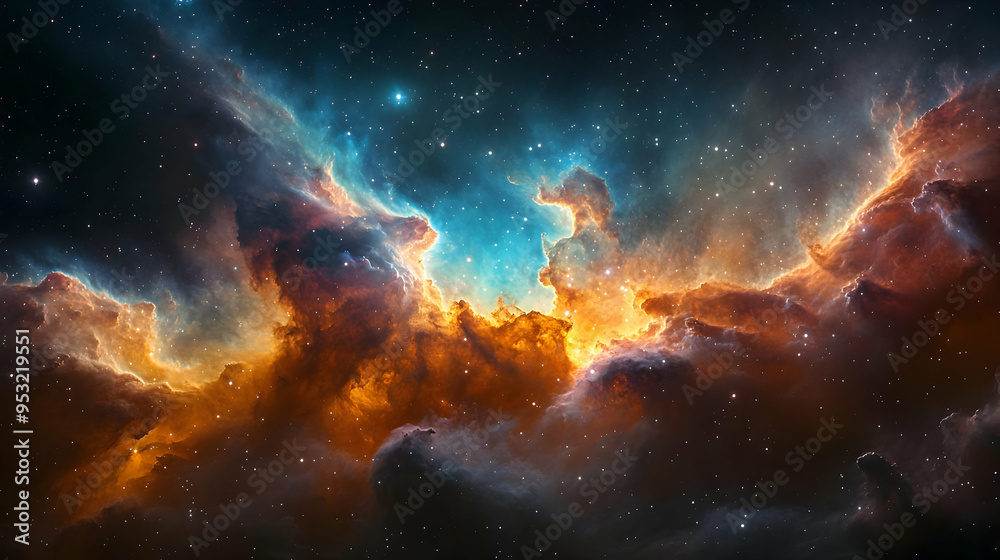 Fototapeta premium A majestic nebula with a fiery orange glow and a hint of blue, illuminating the dark space with a multitude of twinkling stars.