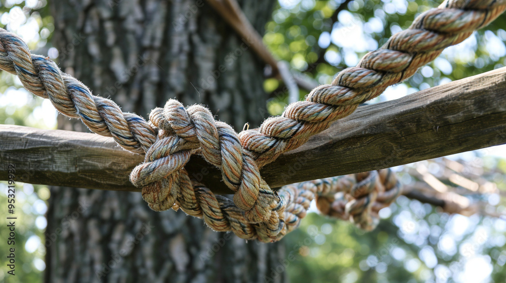 Close-up of the ropes and knots securing a hammock to a tree, showing the strength and detail of the ties. Close-up of the ropes and knots securing a hammock to a tree, showing the strength and detail of the ties.