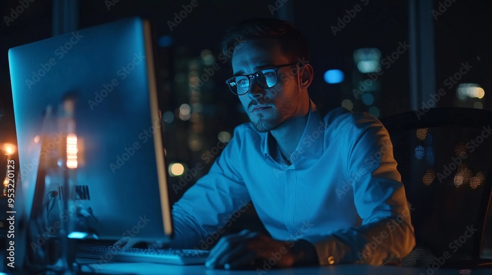 Businessman works late with computer to meet deadline Businessman works late with computer to meet deadline
