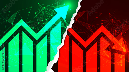Stock market illustration. Comparison chart between bullish and bearish. Up and down trading concept with candlestick and arrow bar charts