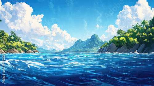 Fototapeta Naklejka Na Ścianę i Meble -  anime tropical waters, video game style graphic resource illustration background tropics vibrant ocean backdrop, detailed hyper realistic image