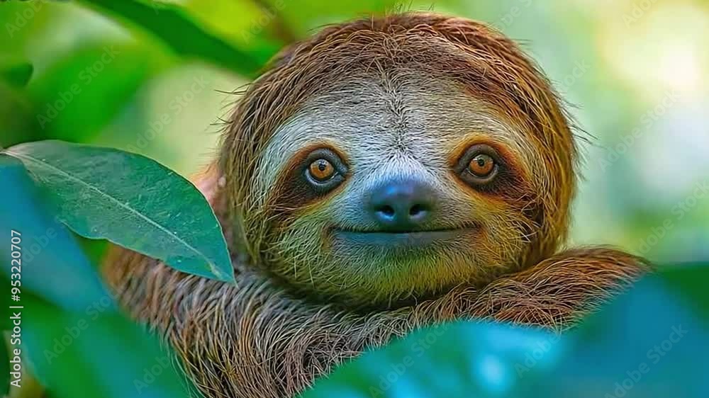 A close-up portrait of a cute sloth nestled among vibrant green leaves in a tropical jungle.