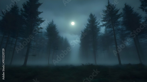 A misty forest path with ta...