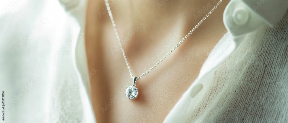 Close-up of a Silver Chain Necklace with a Large Diamond Pendant on a Person's Chest Close-up of a Silver Chain Necklace with a Large Diamond Pendant on a Person's Chest
