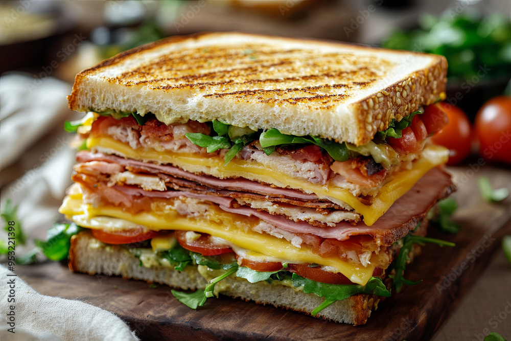 Classic club sandwich with layers of meat, cheese, and veggies Classic club sandwich with layers of meat, cheese, and veggies