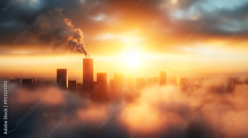 Fototapeta premium Stunning skyline at sunset, featuring skyscrapers with smoke against dramatic clouds and vibrant colors, creating a captivating atmosphere.