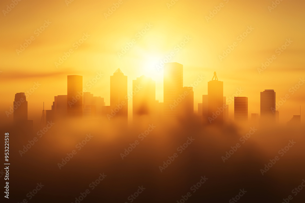 Stunning city skyline captured at sunrise, radiating warmth with a golden glow amidst soft fog, perfect for urban themes. Stunning city skyline captured at sunrise, radiating warmth with a golden glow amidst soft fog, perfect for urban themes.