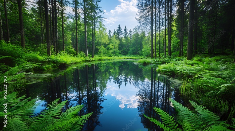A tranquil forest pond surrounded by ferns and tall trees with a reflection of the sky in the water A tranquil forest pond surrounded by ferns and tall trees with a reflection of the sky in the water