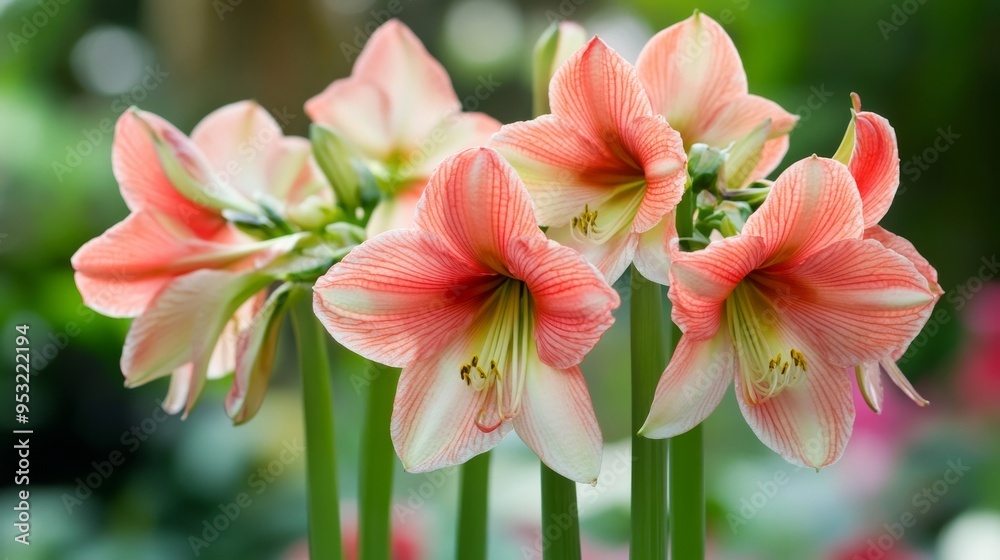 Fototapeta premium Hippeastrum: diverse varieties, large gramophone-like flowers on high stems.