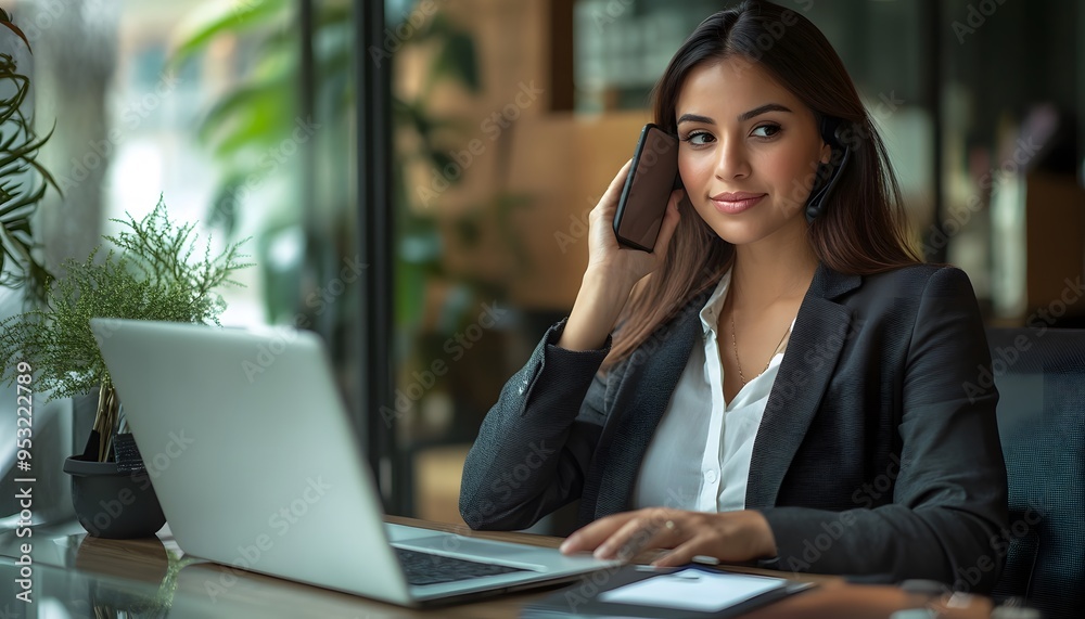 Businesswoman Talking on Phone While Working on Laptop Businesswoman Talking on Phone While Working on Laptop