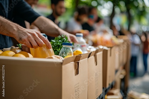 Volunteers distributing food and supplies to needy at charitable event International Day of Charity photo