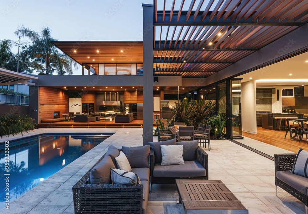 Obraz premium Modern Home with Patio and Swimming Pool