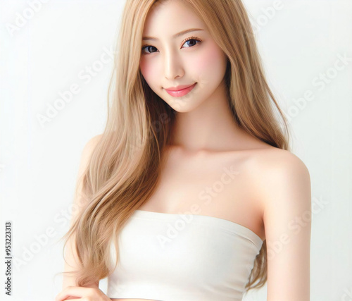 白いチューブトップの美女