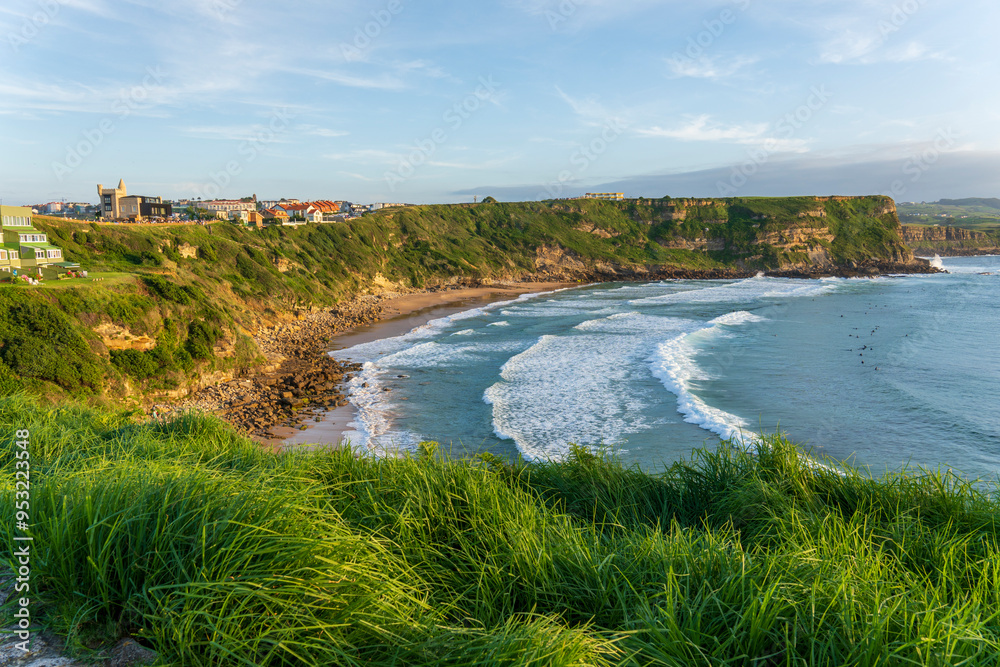 Suances coast Cantabria Spain Surfers in Los Locos beach sunset view Suances coast Cantabria Spain Surfers in Los Locos beach sunset view