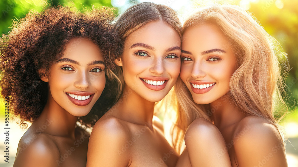 Portrait of Three Happy Multiethnic Women with Curly Hair and Golden-Brown Skin, Standing Together in Sunlight with Soft Shadows Portrait of Three Happy Multiethnic Women with Curly Hair and Golden-Brown Skin, Standing Together in Sunlight with Soft Shadows