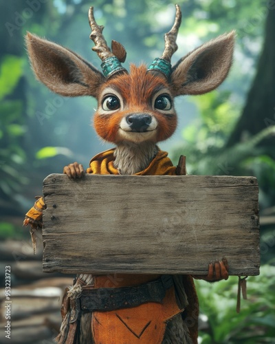 Majestic Deer Warrior in Vibrant 3D Cartoon Style with Empty Wood Sign in Jungle Safari Background - Ultra HD Close-Up Shot photo