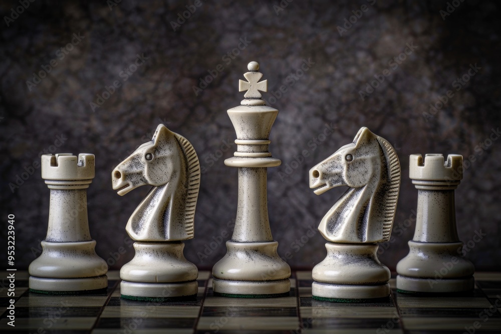 A group of chess pieces sitting on a wooden chess board, great for illustrating strategy and tactics A group of chess pieces sitting on a wooden chess board, great for illustrating strategy and tactics