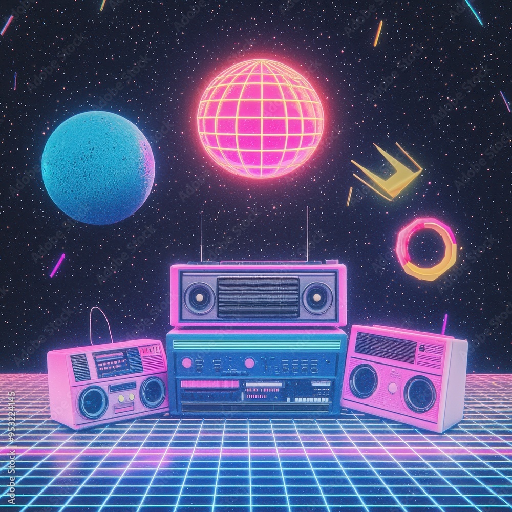 Fototapeta premium Retro Boombox Stereo System in Neon Space Scene