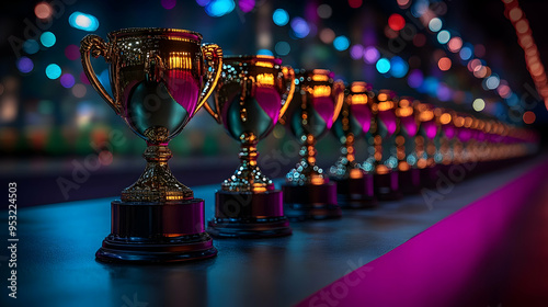 A row of golden trophies on...
