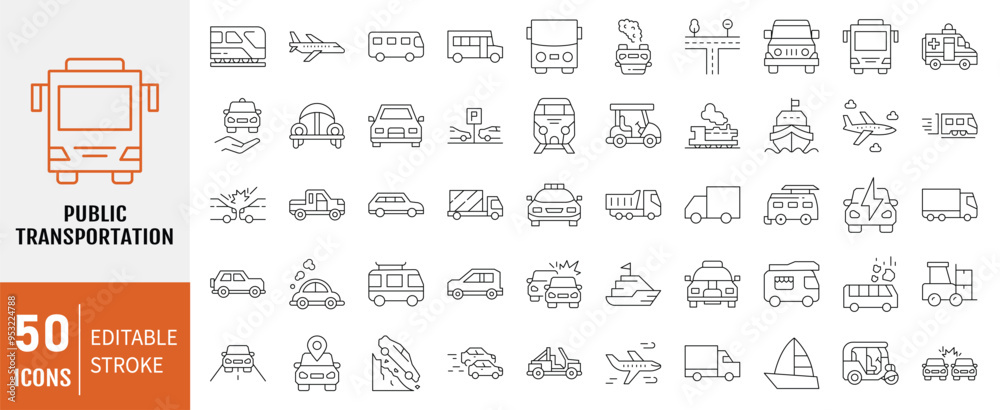 Public Transportation icon set. Containing car, plane, train, bicycle, motorbike, bus and scooter icons. Simple line vector. Public Transportation icon set. Containing car, plane, train, bicycle, motorbike, bus and scooter icons. Simple line vector.