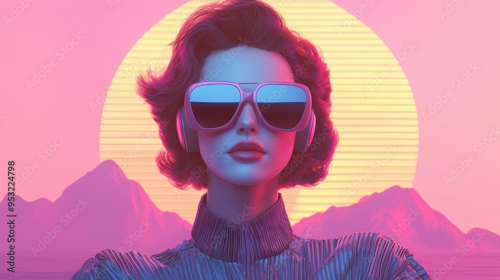 Woman with Retro Sunglasses and Hairstyle in Pink Neon Sunset Landscape Woman with Retro Sunglasses and Hairstyle in Pink Neon Sunset Landscape