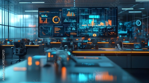 Wallpaper Mural Futuristic Office Interior with Data Analytics Display Torontodigital.ca