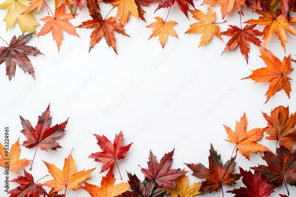 Autumn Maple Leaves Flat Lay White Background created with Generative AI Autumn Maple Leaves Flat Lay White Background created with Generative AI