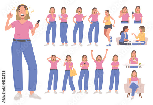 Young woman set. Girl listens to music, thinks, plays sports, communicates with friend. Character in various poses and actions