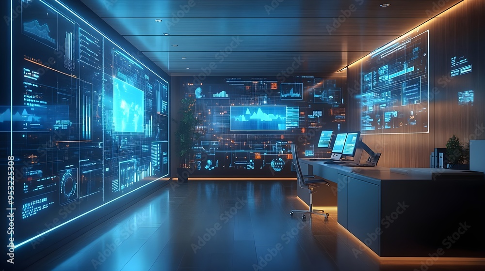Futuristic Office Interior with Digital Displays