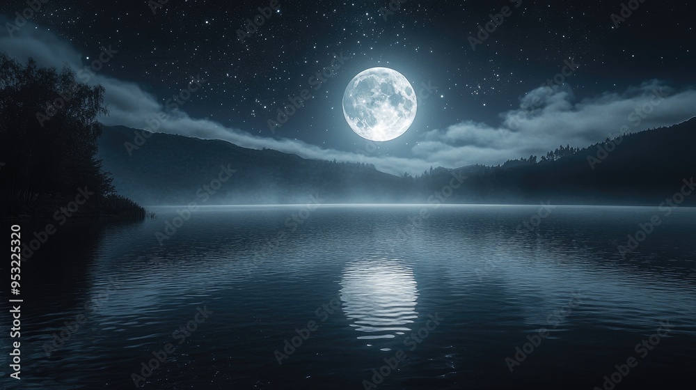 A full moon rising over a calm lake, casting a silver reflection on the water with stars twinkling above. A full moon rising over a calm lake, casting a silver reflection on the water with stars twinkling above.