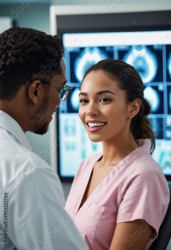 A dentist and female patient reviewing X-ray results on a screen in a modern dental clinic.