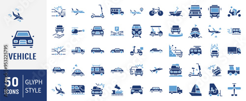 Vehicle icon set. Containing car, plane, train, bicycle, motorbike, bus and scooter icons. Simple flat vector.