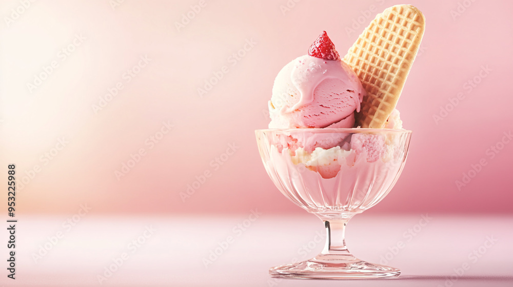 Delicious strawberry ice cream served in a glass bowl with a wafer cookie under soft pink lighting Delicious strawberry ice cream served in a glass bowl with a wafer cookie under soft pink lighting