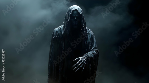 A shadowy figure with a ske...