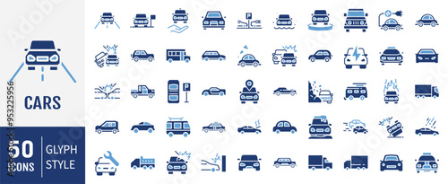 Cars icon set. Containing car, sedan, truck, car accident,school bus, bus and taxi icons. Simple flat vector.